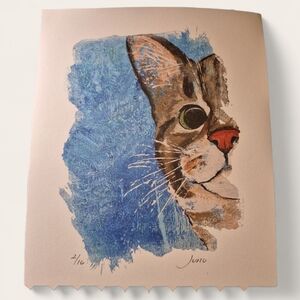 Charming Cat Art Print with Blue and Brown Accents, does not include frame.